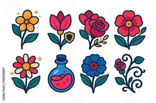 Isometric flat vector set of icons of flowers in folklore: magical forest bloom, protective blossom, love charm flower, myth flower, legend rose, enchanted daisy, flower potion, folklore vine.
