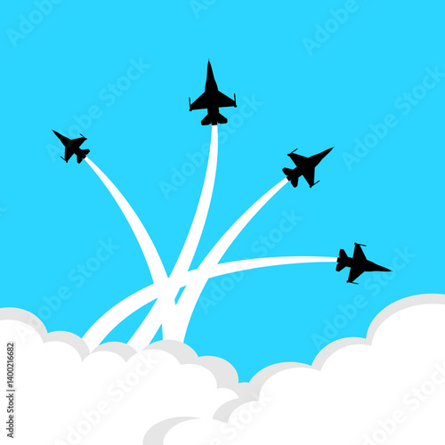 fighter jet aircraft formation air show with smoke in the sky