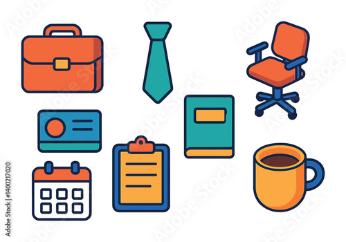 Isometric flat vector set of icons of business essentials: briefcase, tie, office chair, business card, calendar, clipboard, notebook, coffee cup. isolated transparent background.