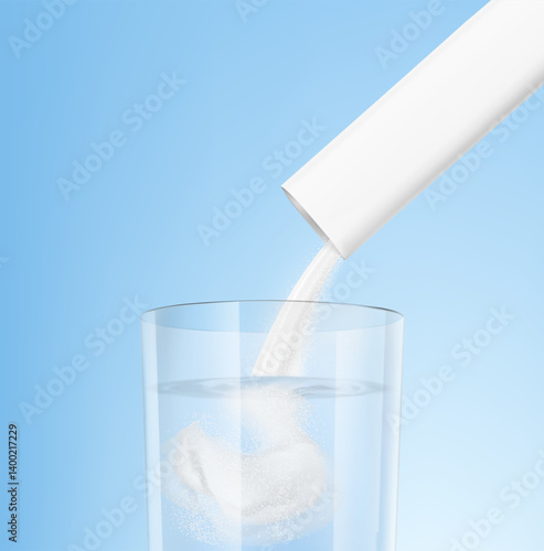 Stick pack pouring powder product in clear glass with liquid. Vector illustration on colour background. Ready for use in presentation, promo, advertising and more. EPS10.