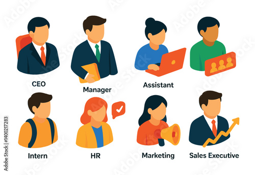 Isometric flat vector set of icons of corporate hierarchy: CEO, manager, assistant, team leader, intern, HR representative, marketing specialist, sales executive. . , icons isolated transparent
