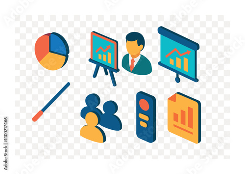 Isometric flat vector set of icons of business presentations: pie chart, graph on board, presenter icon, screen projection, pointer stick, audience silhouette, clicker device, presentation file.