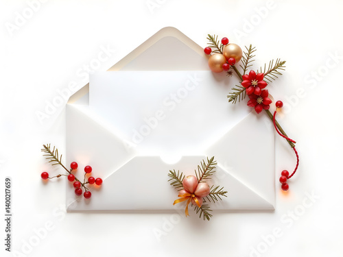 Obraz na płótnie Holiday-themed envelope with green pine branches and snowflakes, ideal for seasonal card mockups. Generative AI w salonie