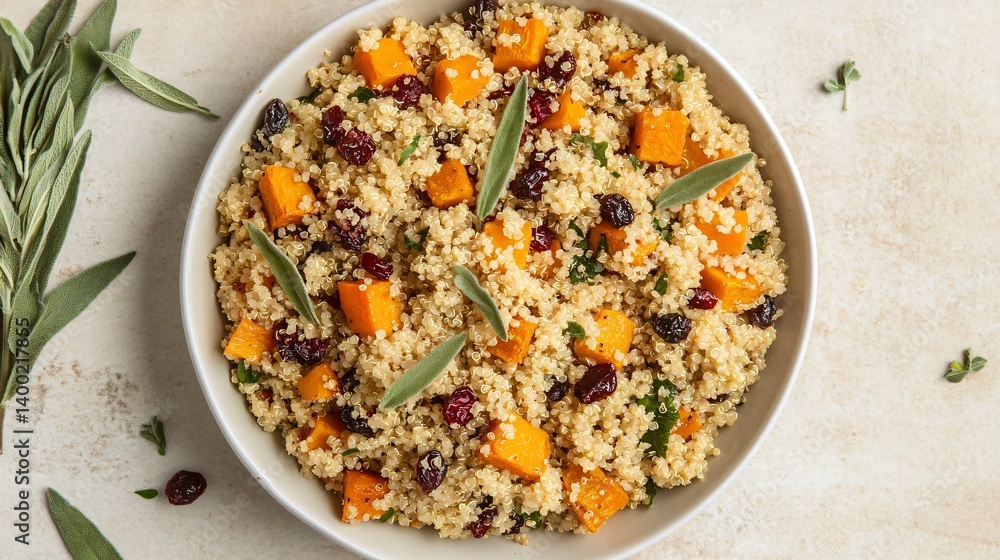 A plant-based stuffing made with quinoa, roasted butternut squash, and dried cranberries, displayed on a neutral background with fresh sage A plant-based stuffing made with quinoa, roasted butternut squash, and dried cranberries, displayed on a neutral background with fresh sage