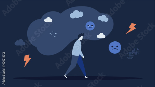 Cloud of Worries An individual walking under a dark cloud filled with symbols of anxiety like storms and frowns symbolizing being weighed down by constant overthinking.