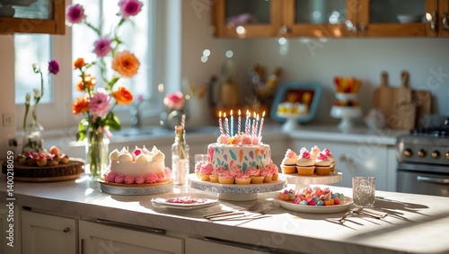 Wallpaper Mural Colorful birthday celebration with delicious cakes and treats in a bright kitchen setting during afternoon Torontodigital.ca