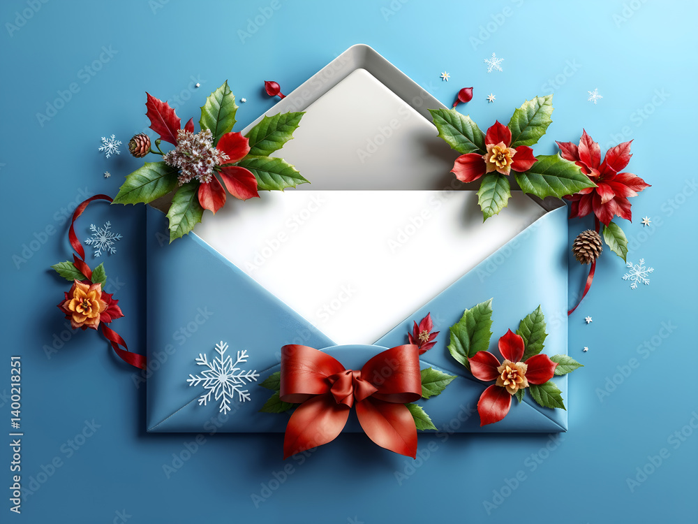 Festive envelope with Christmas decorations on blue background, perfect for holiday greeting designs. Generative AI