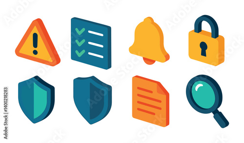 Isometric flat vector set of icons of risk and compliance: warning triangle, checklist, shield icon, alert bell, lock symbol, terms file, audit magnifier, secure document. isolated transparent