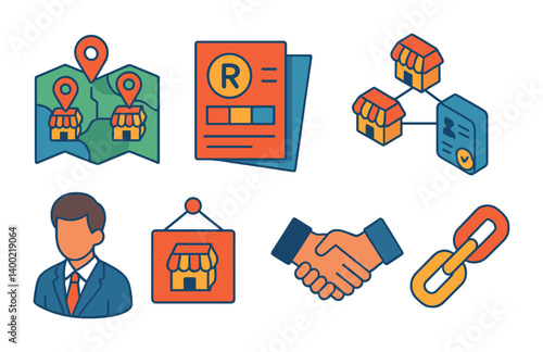 Isometric flat vector set of icons of franchising and chains: franchise map, brand kit, multi-location icon, license file, branch manager, store sign, agreement icon, supply link. isolated