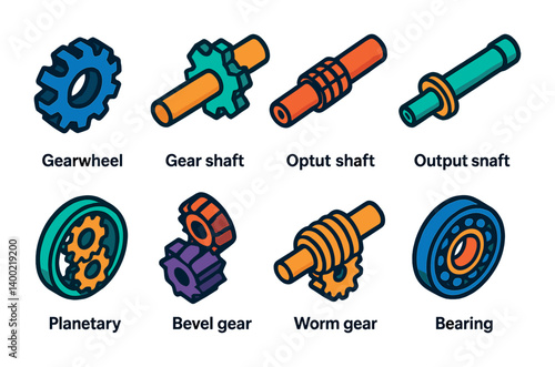 Isometric flat vector set of icons of gearbox components: gearwheel, gear shaft, input shaft, output shaft, planetary gear, bevel gear, worm gear, bearing. isolated transparent background.