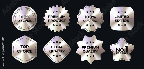 Luxury Metallic Badges Set With Premium Quality Labels On Dark Background. Glossy Chrome Stickers Collection For Branding, Product Promotion, Logo Or Packaging Design. Vector Illustration
