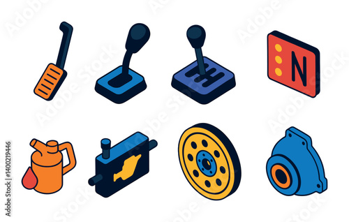 Isometric flat vector set of icons of automotive locks: car door lock, remote lock icon, smart key, ignition lock, steering lock, tire lock, trunk padlock, vehicle shield. isolated transparent