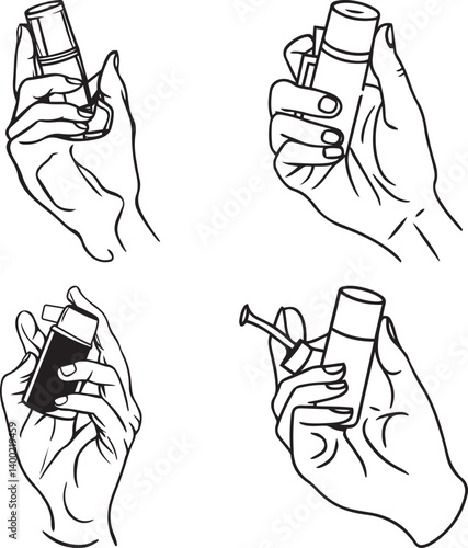 Hands holding an inhaler in a monochrome illustration, hand-drawn style vector
