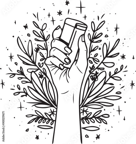 Hands holding an inhaler in a monochrome illustration, hand-drawn style vector