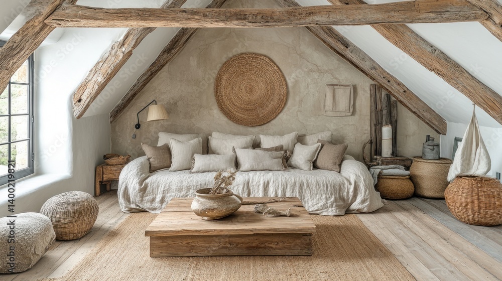 Rustic Attic Living Room: Cozy Neutral Tones and Exposed Beams Rustic Attic Living Room: Cozy Neutral Tones and Exposed Beams