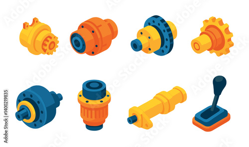 Isometric flat vector set of icons of construction machinery gearboxes: excavator gearbox, loader transmission, crane reducer, bulldozer gear drive, road roller drive, compactor gearbox, grader