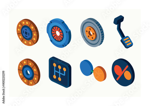 Isometric flat vector set of icons of car parts: steering wheel, engine, transmission, exhaust, battery, radiator, air filter, spark plug. isolated transparent background.