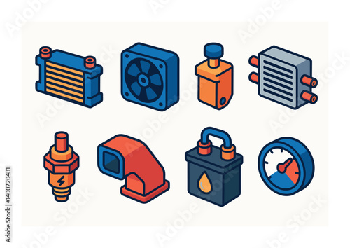 Isometric flat vector set of icons of gearbox cooling systems: oil cooler, cooling fan, gearbox vent, heat exchanger, thermal sensor, air duct icon, lubrication system, temperature gauge. isolated