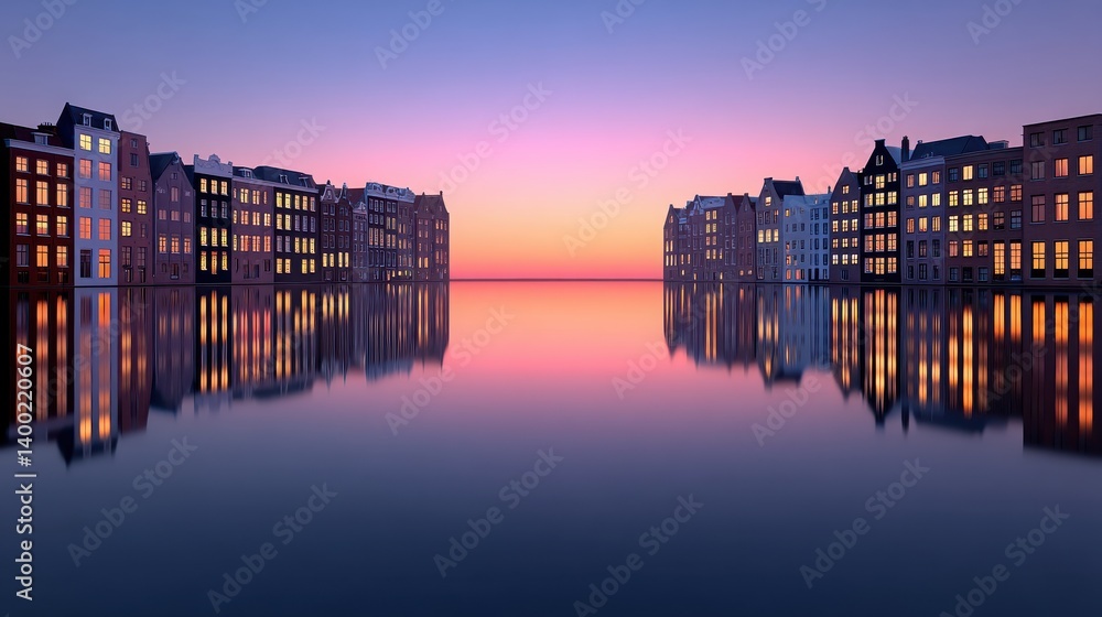 Fototapeta premium Waterfront modern residential buildings in soft gradient light reflected on mirrorlike canal surface showing tranquil architecture symmetry and reflective evening atmosphere