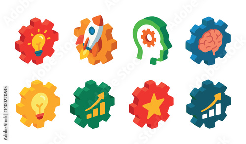 Isometric flat vector set of icons of general settings: gear, sliders, control panel, toolbox, wrench, screwdriver, system update, user preferences. isolated transparent background.