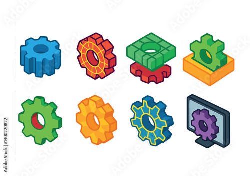 Isometric flat vector set of icons of gearbox components: gearwheel, gear shaft, input shaft, output shaft, planetary gear, bevel gear, worm gear, bearing. isolated transparent background.