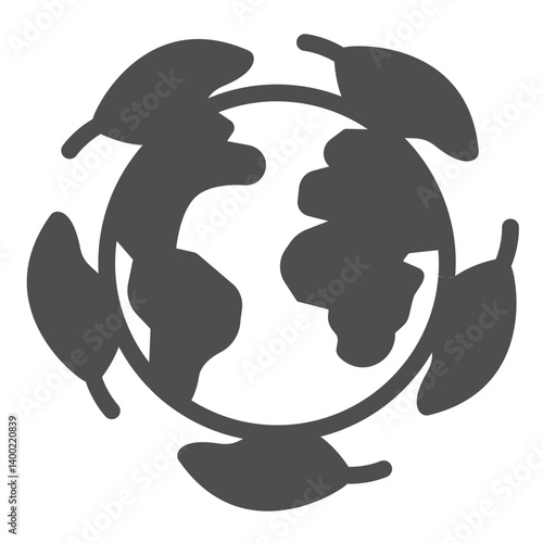 Earth planet and leaves around solid icon, eco tourism concept. Vector graphics. World globe with leaves, ecology sign on white background, glyph style icon for mobile or web design.