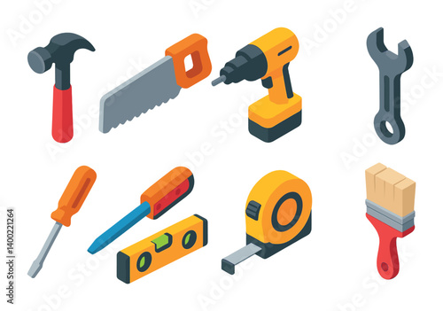 Isometric flat vector set of icons of construction tools for house: hammer, saw, drill, wrench, screwdriver, level tool, tape measure, paintbrush. isolated transparent background.