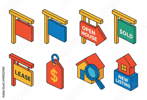 Isometric flat vector set of icons of real estate map: home pin, open house, for sale icon, sold tag, rent marker, apartment pin, property search, location rating. isolated transparent background.
