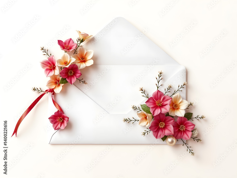 Elegant Christmas envelope with pine and ribbon, great for seasonal greetings or invitation mockups. Generative AI