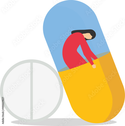 patient man in depression drowning in medications sitting inside a bottle

