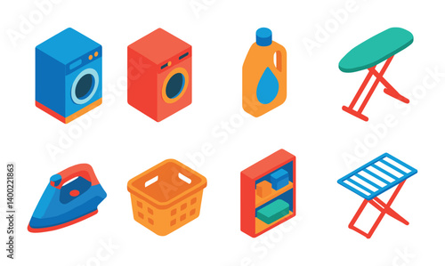 Isometric flat vector set of icons of laundry room: washer, dryer, laundry basket, detergent, drying rack, ironing board, iron, fabric softener. isolated transparent background.