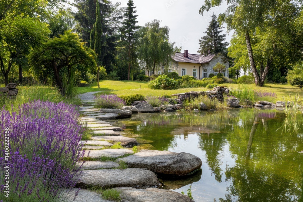 Fototapeta premium Walking Path Leading to House Near Serene Pond and Lavender Flowers