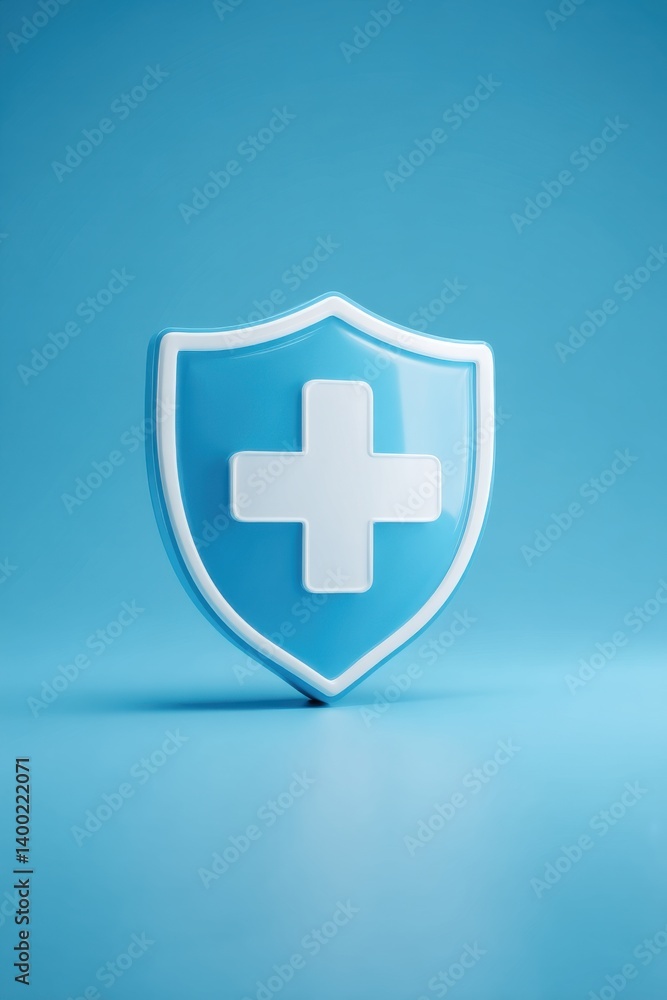 Fototapeta premium Shield Icon with Medical Cross on Blue for Health Insurance Ad