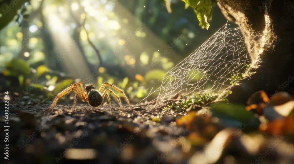 Spider walking on forest floor, sunlight beams through trees, web in foreground. Nature scene Spider walking on forest floor, sunlight beams through trees, web in foreground. Nature scene