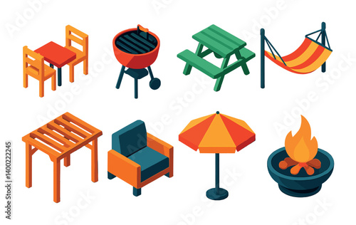 Isometric flat vector set of icons of outdoor living: patio, BBQ grill, garden table, hammock, pergola, outdoor sofa, umbrella shade, fire pit. isolated transparent background.