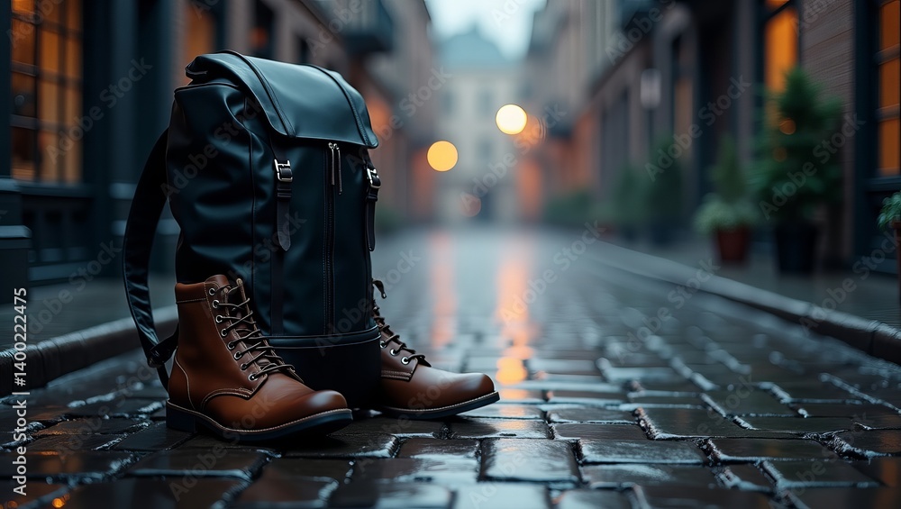 Obraz premium Stylish brown leather boots and a black backpack on a cobblestone street in a misty urban setting.