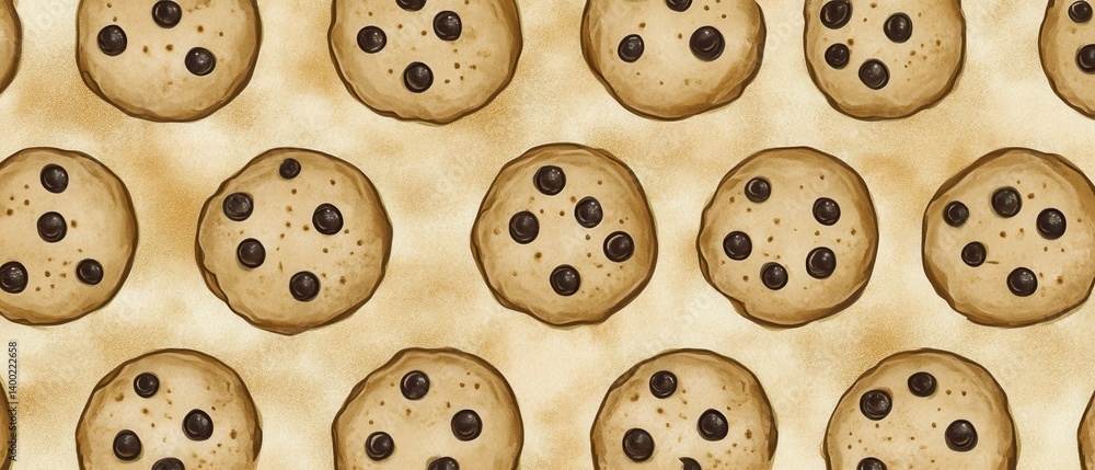 Fototapeta premium Artistic Chocolate Chip Cookie Pattern on Beige Background Capturing Sweetness and Culinary Delight in Detailed Illustration Style