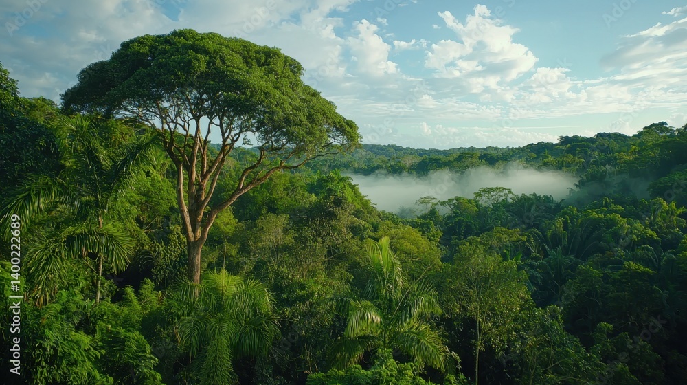 Dense green treetops covered in mystical morning fog, capturing the enchanting beauty of the forest at sunrise. Dense green treetops covered in mystical morning fog, capturing the enchanting beauty of the forest at sunrise.