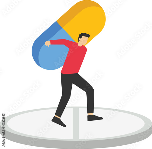 Medical debt, health care and treatment cost from Covid-19 disease, hospital expense or drug and medicine bills concept, broke bankrupt man carrying giant medicine debt burden after cure from COVID-19