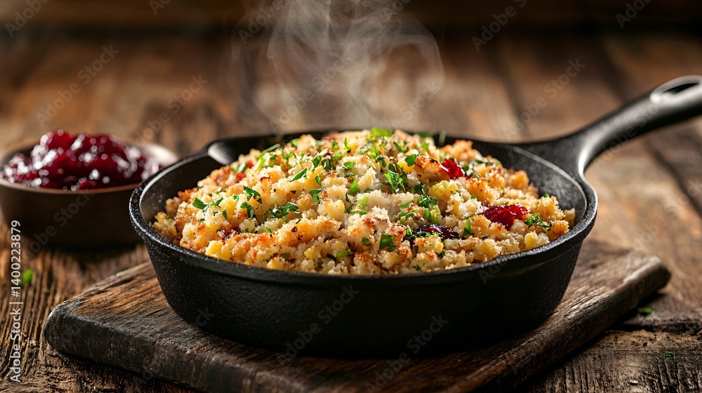 Traditional stuffing served in a cast-iron skillet, with steam rising and a side of cranberry sauce on a weathered wood background Traditional stuffing served in a cast-iron skillet, with steam rising and a side of cranberry sauce on a weathered wood background