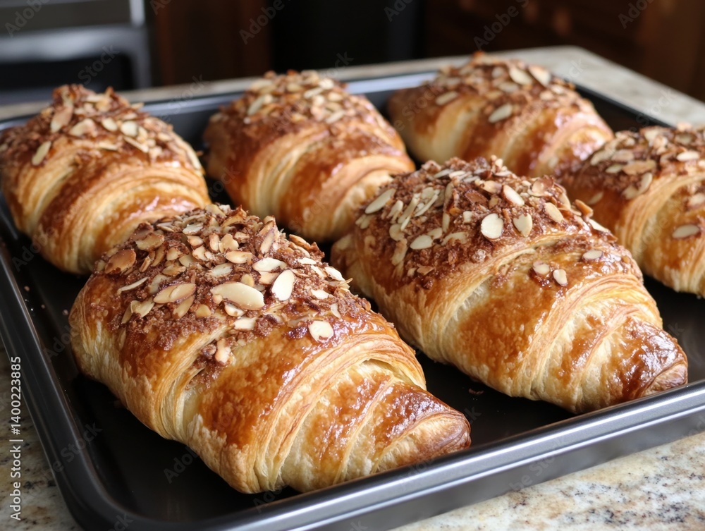 Golden almond croissants freshly baked on a tray close up delicious pastry breakfast indulgence Golden almond croissants freshly baked on a tray close up delicious pastry breakfast indulgence