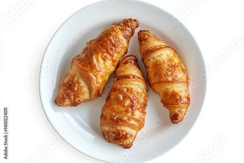 Three golden croissants on a white plate viewed from above showcasing delicious pastry and culinary art in a simple food photography style