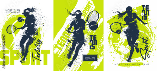 Grunge-style poster dedicated to tennis and sports. Tennis player with a tennis ball in an abstract style. Vector templates for postcards, posters, flyers, banners and other materials.