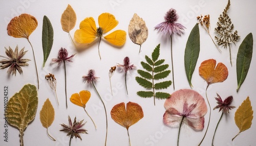 Floral Symphony: A collection of artfully arranged pressed flowers and leaves, showcasing a vibrant mix of textures and shapes, captured with a top-down perspective.