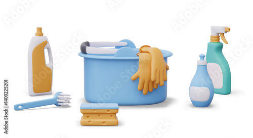 Set of cleaning supplies. Tools, protective accessories and detergents. Isolated vector elements in realistic style. Bucket, rubber gloves, brush, sponge, plastic bottles of various shapes