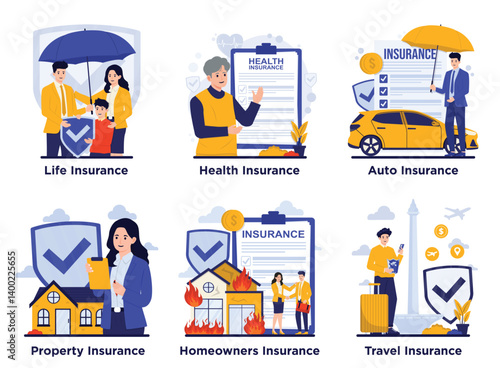 Insurance set illustration set of insurance types, including life, health, auto, property, fire homeowners, and travel insurance with characters and protection symbols