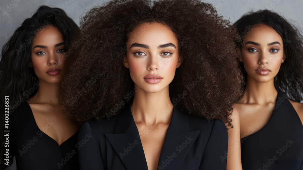 Fototapeta premium Three women with long hair pose confidently against a gray wall backdrop.