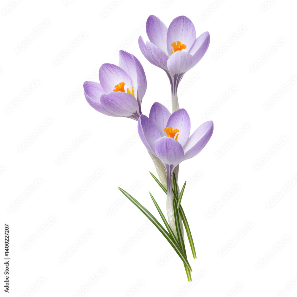 A vibrant cluster of crocus flowers showcasing delicate purple petals and striking orange stamens, complemented by slender green leaves. A vibrant cluster of crocus flowers showcasing delicate purple petals and striking orange stamens, complemented by slender green leaves.