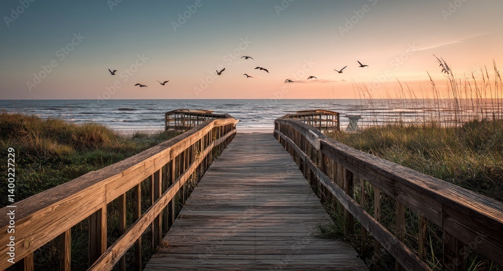 Walking on Boardwalk Toward Ocean at Sunset with Birds Flying Above Walking on Boardwalk Toward Ocean at Sunset with Birds Flying Above