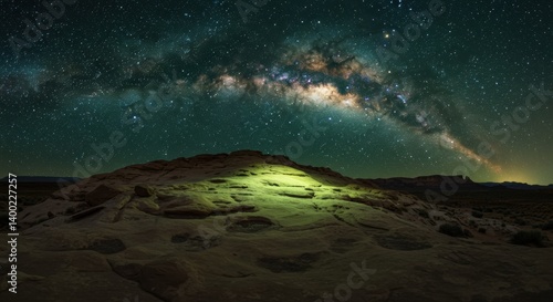 Stunning night sky panorama featuring the Milky Way over a rocky landscape illuminated by green light - green galaxy wallpaper